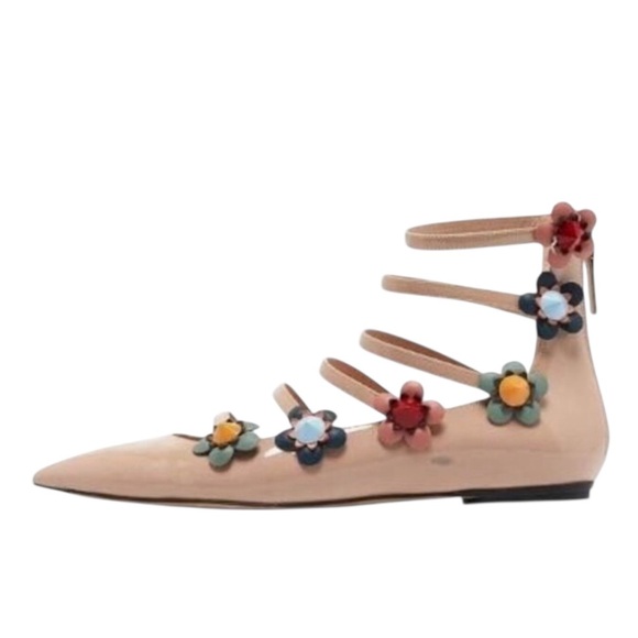 Fendi Flowerland Patent Leather Floral Trim Pointed Toe Ankle Cage Ballet Flats